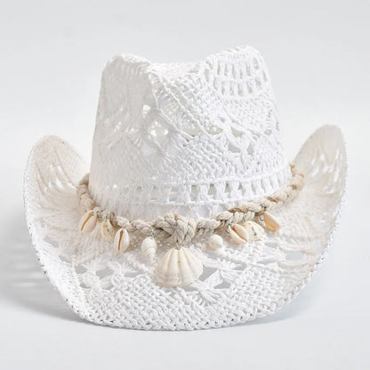 Hand Woven Straw Sun Hat for Women with Shell Decoration