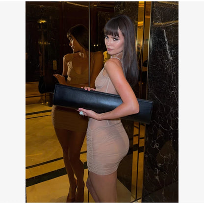 Kpop Black Hollow Out Mini Dress Women Elegant Turtleneck