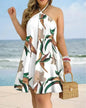 Tropical Leaf Print Halter Neck Mini Dress