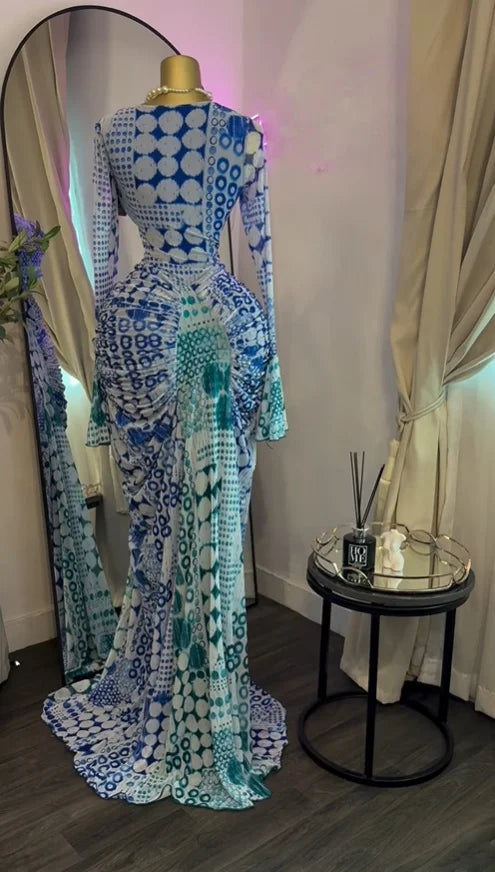 Women Tie Dye Maxi Dress with Skew Neck and Flare Sleeves