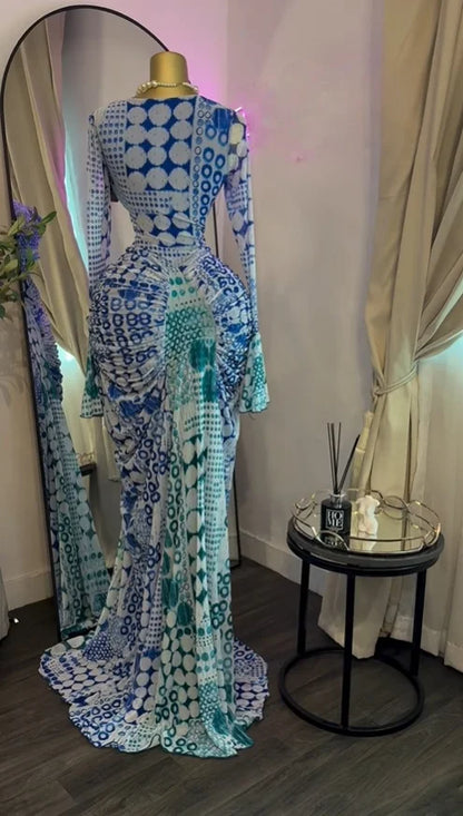 Women Tie Dye Maxi Dress with Skew Neck and Flare Sleeves