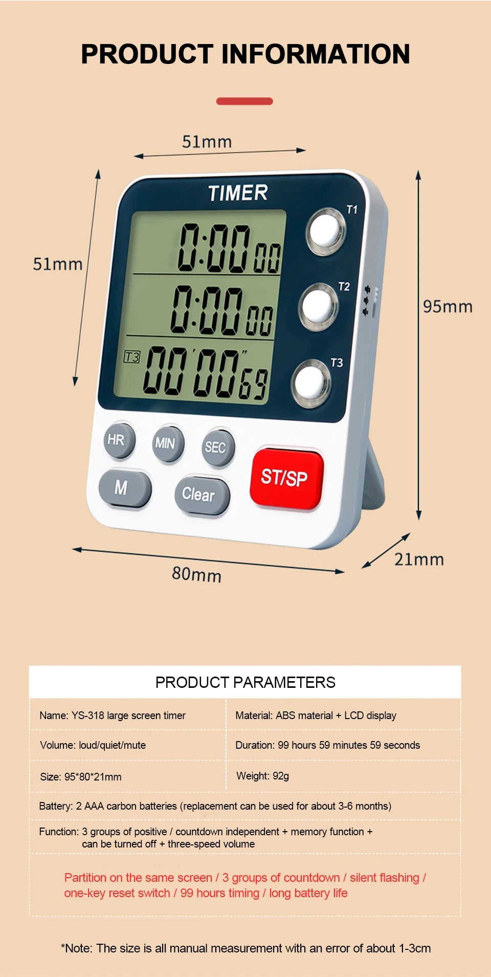 Digital Kitchen Timer with Adjustable Volume and LCD Display