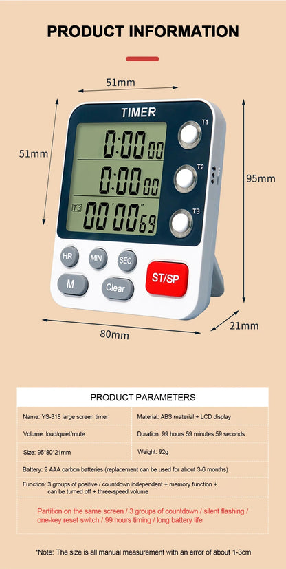 Digital Kitchen Timer with Adjustable Volume and LCD Display