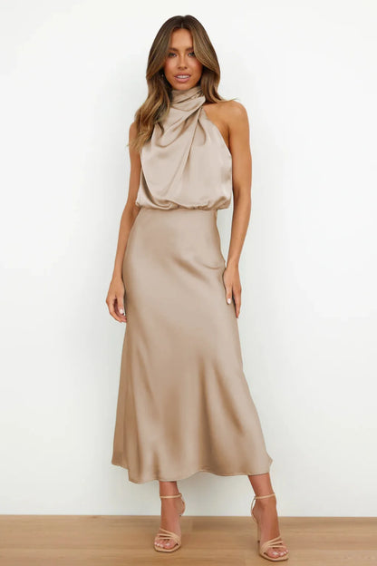 Elegant Silk Satin Sleeveless Long Dress for Women