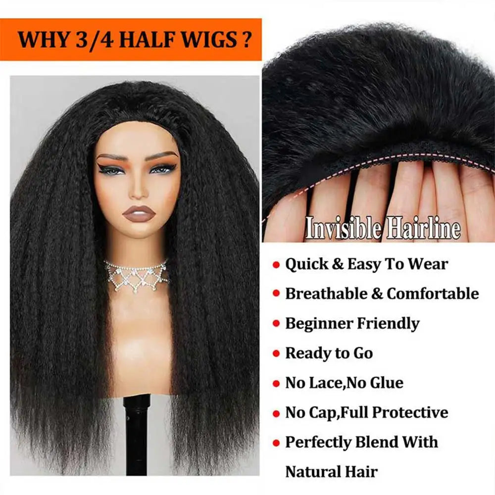 Kinky Straight Human Hair Half Wig 26 Inch Glueless