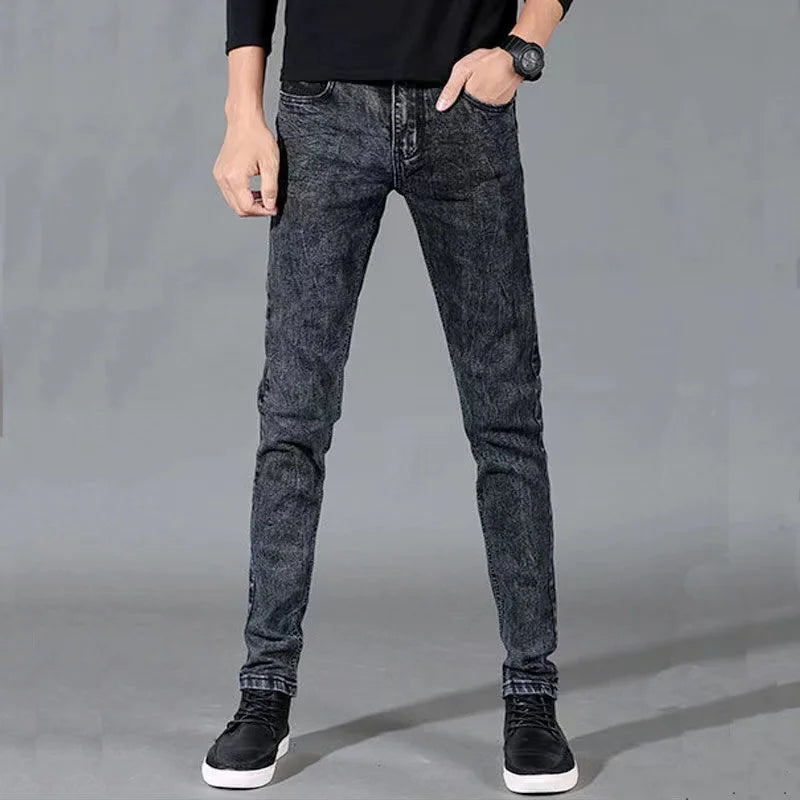 Mens Slim Fit Denim Pencil Pants Black White Stretch Jeans