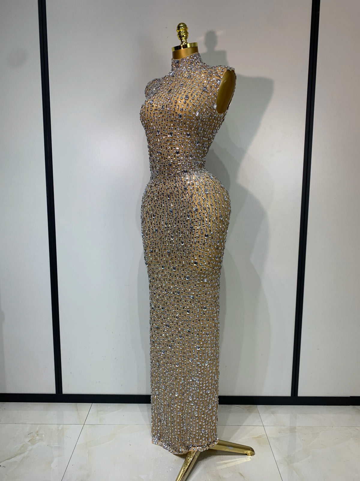Gold Rhinestone Sleeveless Long Dress for Women