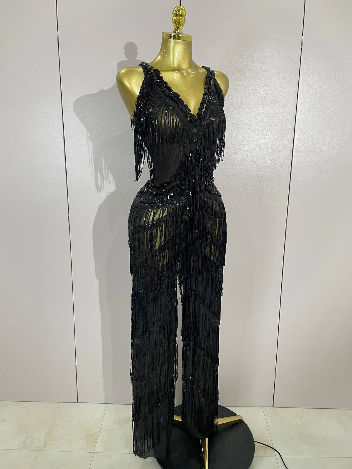 Sparkly Black Rhinestone Fringe Jumpsuit for Women