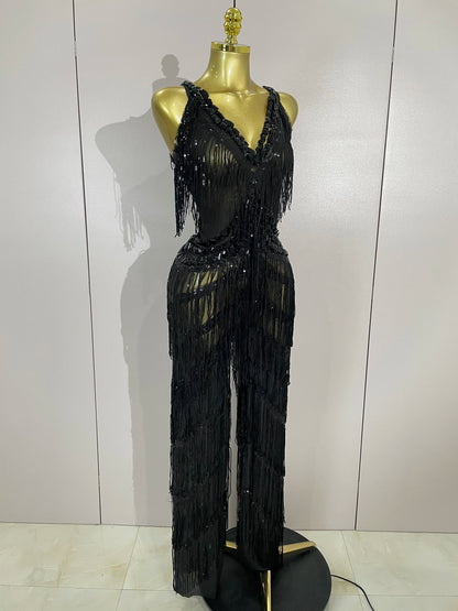 Sparkly Black Rhinestone Fringe Jumpsuit for Women