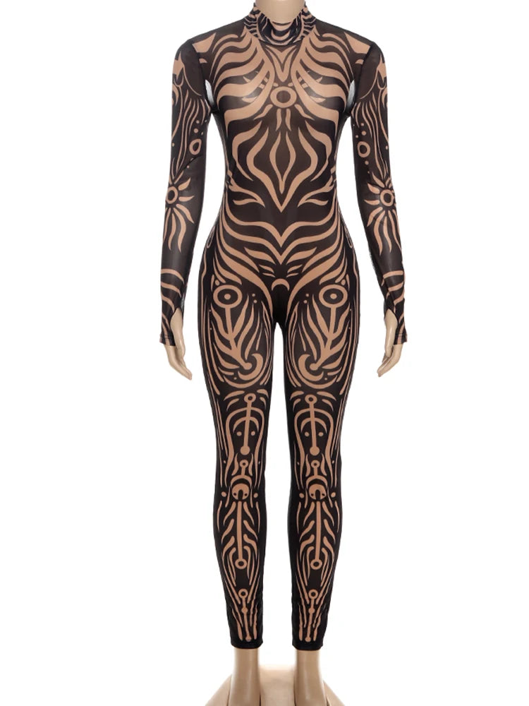 Striped Print Turtleneck Jumpsuit for Women