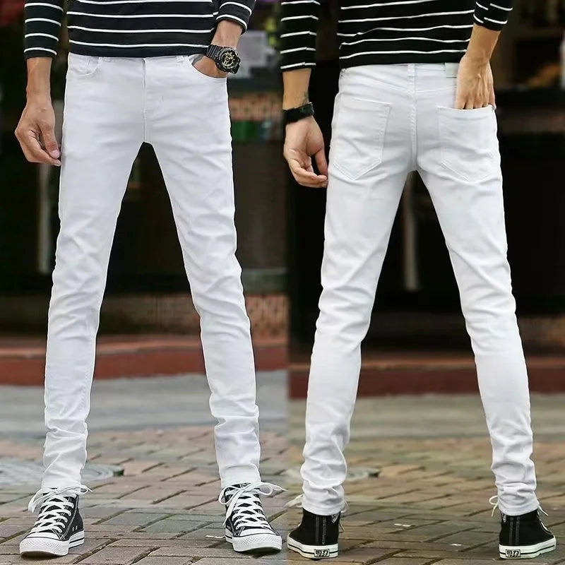 Mens Slim Fit Denim Pencil Pants Black White Stretch Jeans
