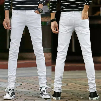 Mens Slim Fit Denim Pencil Pants Black White Stretch Jeans