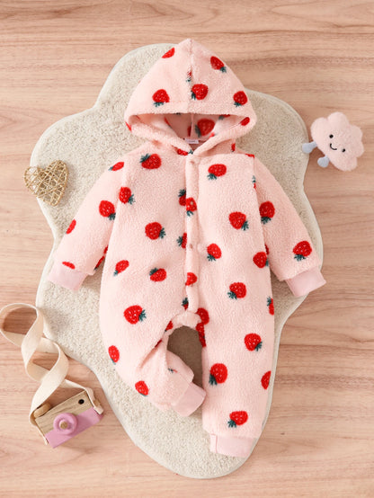 Winter Baby Girl Hooded Romper with Strawberry Print