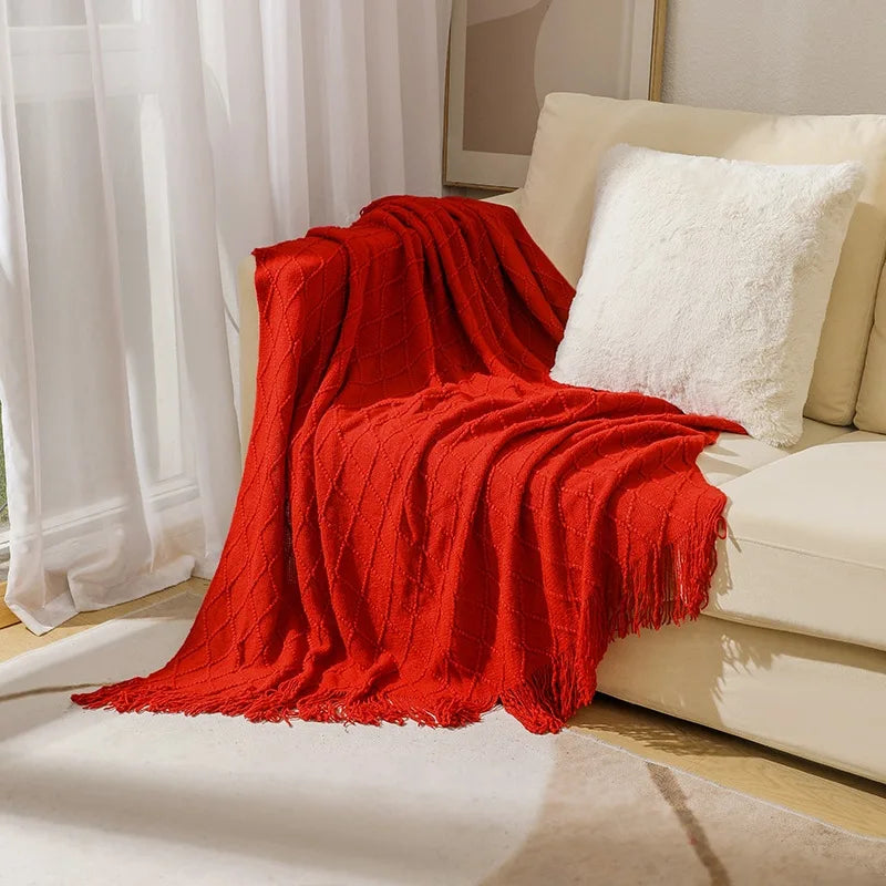 Khaki Knitted Acrylic Blanket with Tassels
