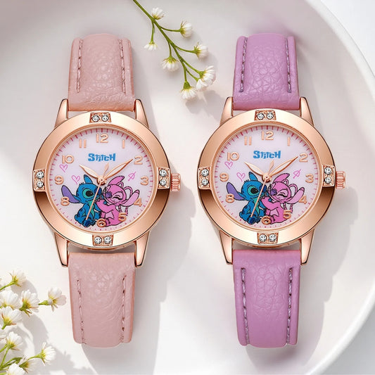 Stitch Pattern Leather Strap Girls Watch with Rhinestones