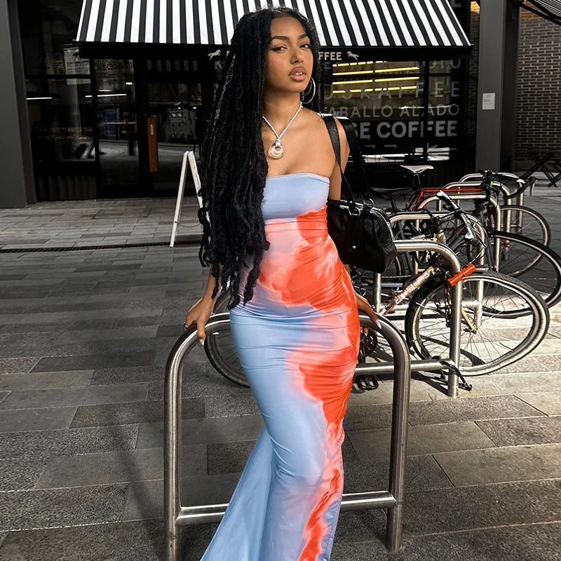 Print Tube Maxi Dress Women Off Shoulder Backless