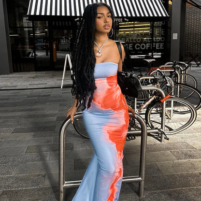 Print Tube Maxi Dress Women Off Shoulder Backless