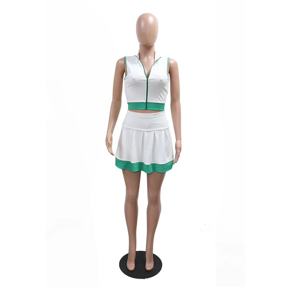 CM.YAYA Women's Sleeveless V-Neck Vest and Pleated Skirt