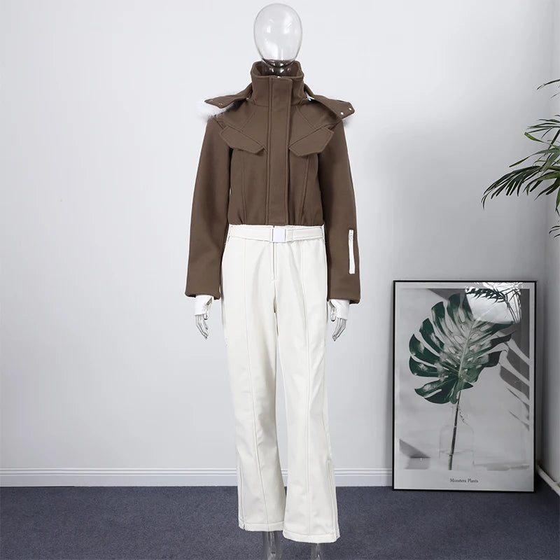 Casual Fur-Trimmed Hooded Ski Suit Women Warm Jumpsuit