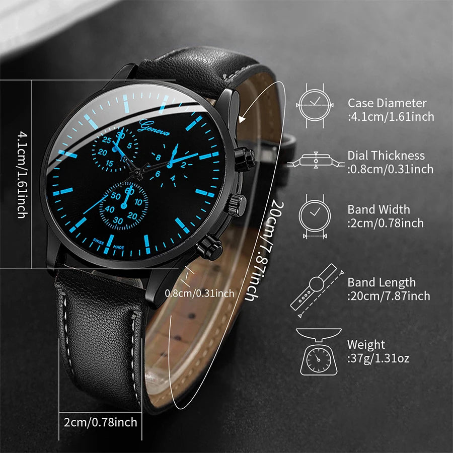 Men's Quartz Watch Set with Leather Band and Accessories
