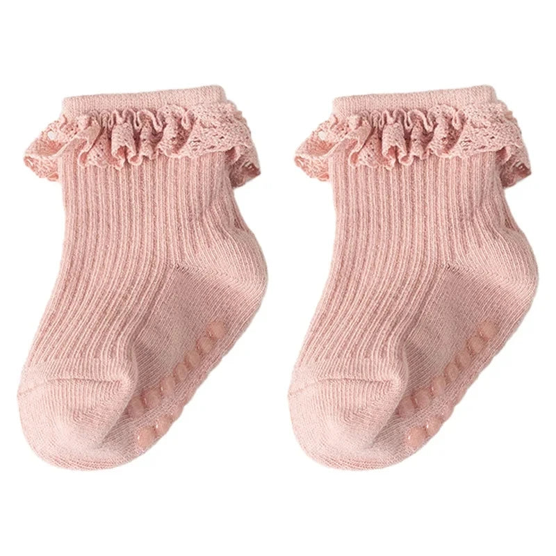 Cotton Lace Socks for Toddler Girls Non-slip Half Knee