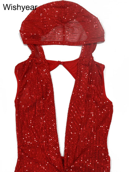 Luxury Red Hooded Dress for Women with Sequins