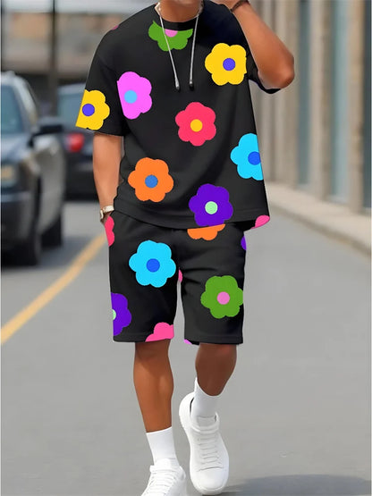 Men's Casual Hawaiian Print T-Shirt and Shorts Set