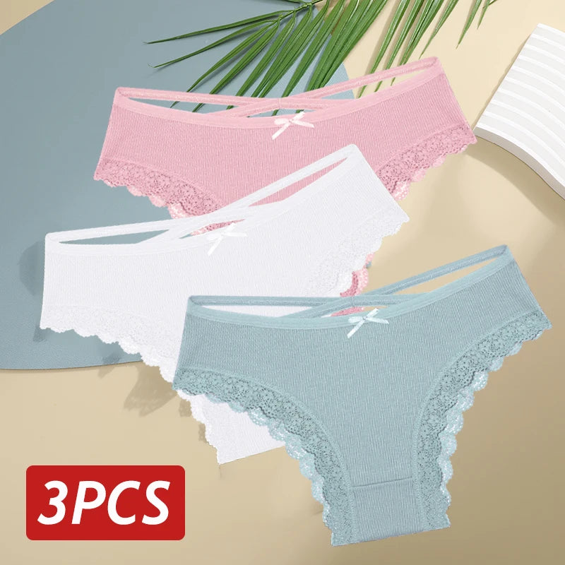 3PCS Women Cotton Lace Brazilian Panties Set S-XL