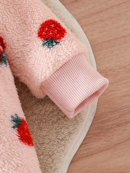 Winter Baby Girl Hooded Romper with Strawberry Print