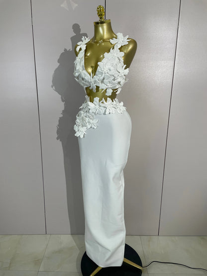 Women White Flowers V-Neck Bodycon Dress Set