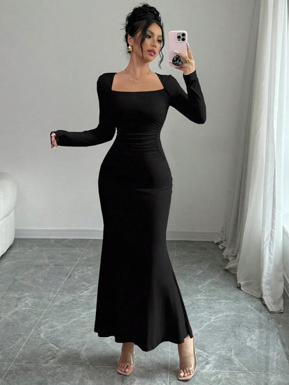 Elegant Retro Solid Color Square Collar Long Sleeve Dress