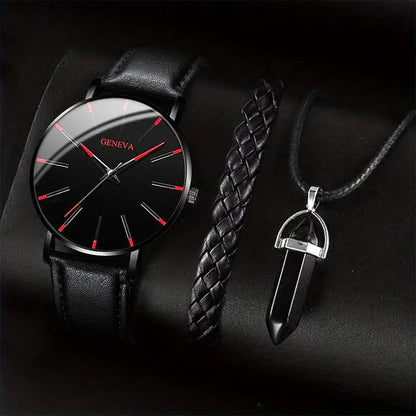 Men's Quartz Watch Set with Leather Band and Accessories