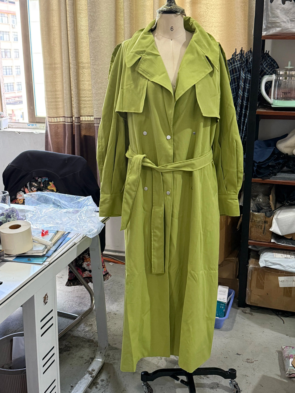 Green Oversized Belt Overcoat Women Long Sleeve Windbreaker
