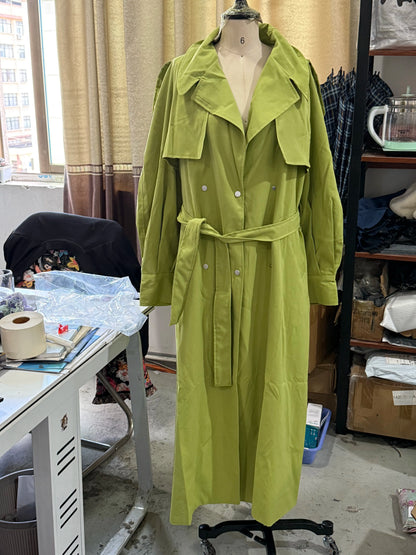 Green Oversized Belt Overcoat Women Long Sleeve Windbreaker
