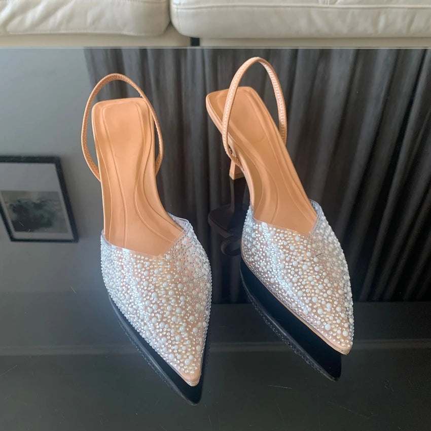 Women High Heels Slingback Pumps with Pearl Decoration