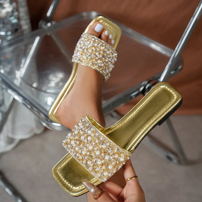 Women Rhinestone Flat Sandals Summer Slippers