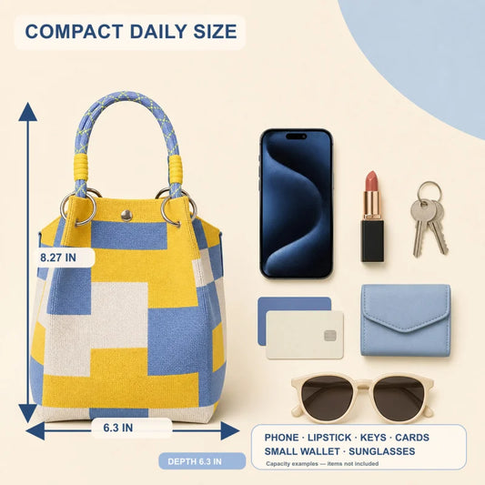 Mini Knitted Bucket Bag Women Colorblock Wristlet Purse