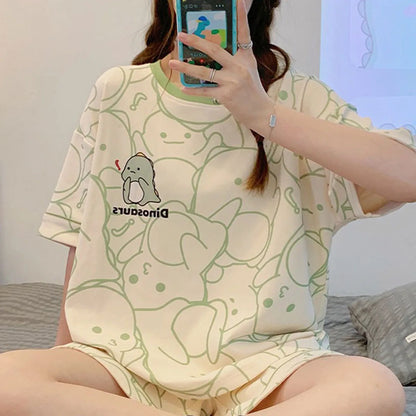 Women's Cartoon Bear Pajamas Set Summer Casual Sleepwear