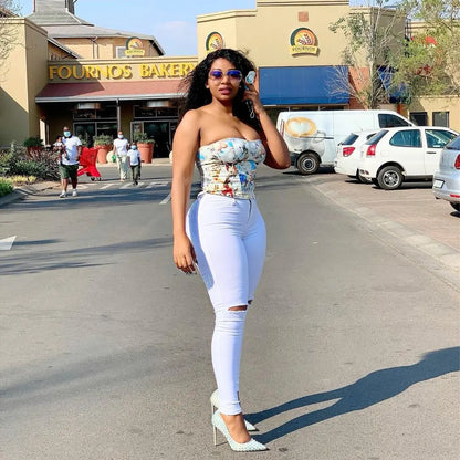 White High Waist Ripped Jeans Slim Stretch Denim Pants