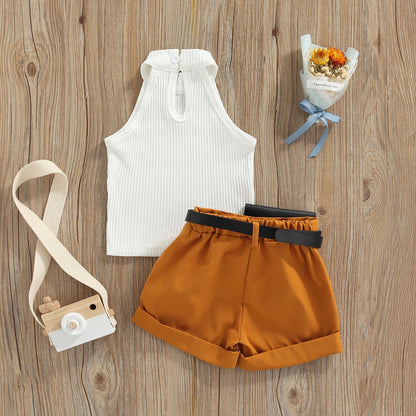 Girls 3PCS Summer Outfit Set with Sleeveless Tops and Shorts