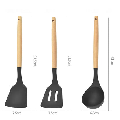 12 Piece Silicone Kitchen Utensils Set with Wooden Handle