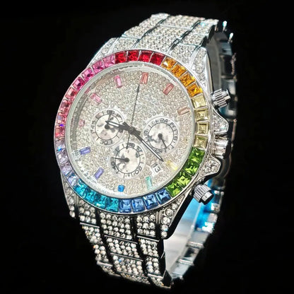 Fashion Gold Quartz Wristwatch for Men with Rainbow Diamonds