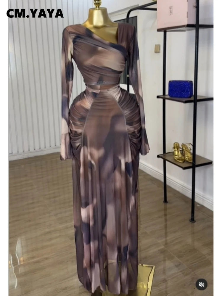 Women Tie Dye Maxi Dress with Skew Neck and Flare Sleeves