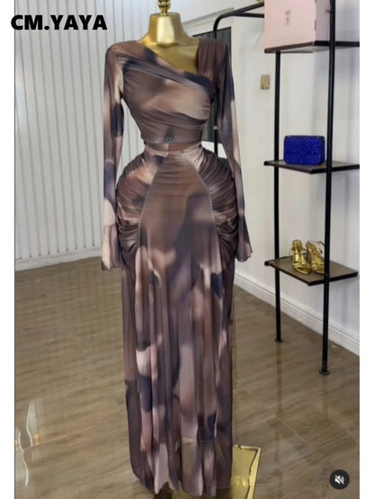 Women Tie Dye Maxi Dress with Skew Neck and Flare Sleeves
