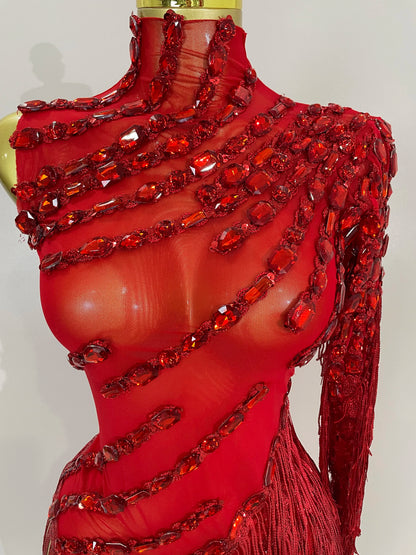Sparkly Rhinestones One Shoulder See-Through Dress