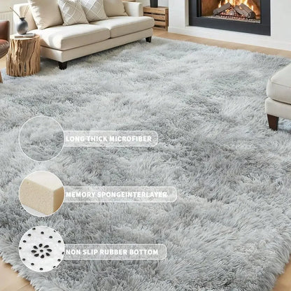 Black Plush Long-Pile Carpet, Soft Non-Slip Rug