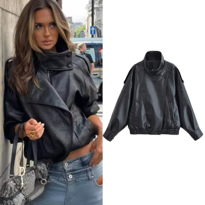 Black Long Sleeve Faux Leather Motorcycle Jacket