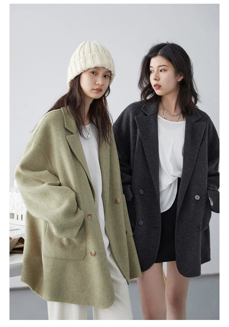 Women's Woolen Double Breasted Jacket Office Lady Outerwear