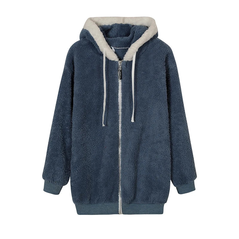 Loose Plush Zipper Hooded Jacket for Women