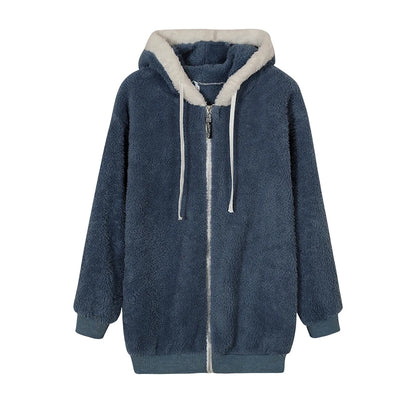 Loose Plush Zipper Hooded Jacket for Women